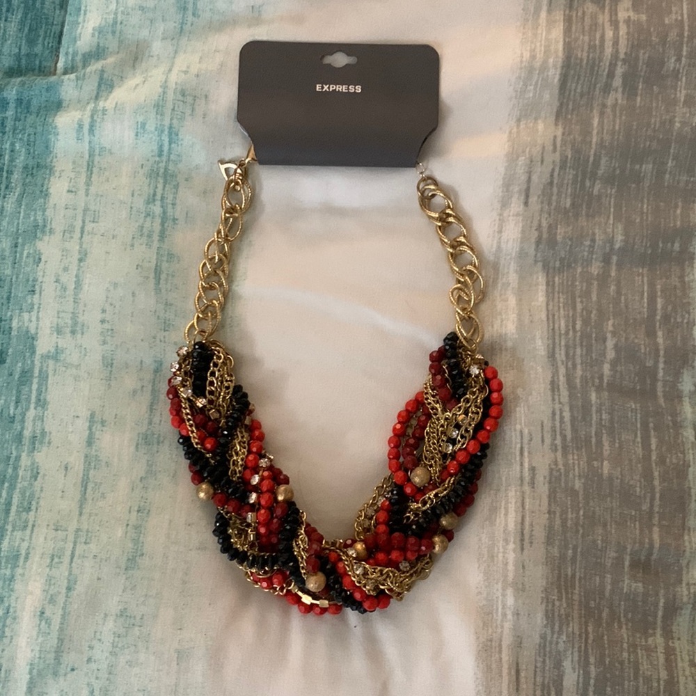 Gorgeous Red, Black, Gold, and Faux Diamond Statement Necklace